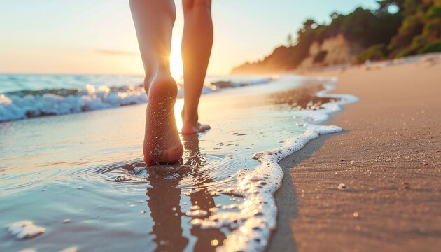 Sun-Kissed Steps: Barefoot Walk on a Glistening Shore at Golden Sunset