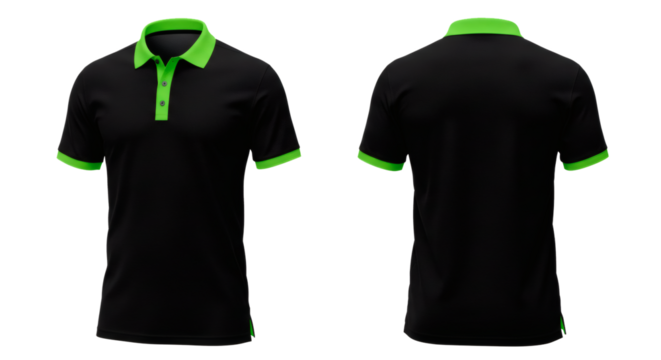 Black polo shirt green trim apparel fashion garment clothing style casual wear front back view design template on transparent background