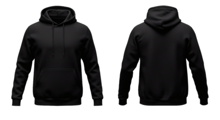 Black hoodie sweatshirt apparel clothing fashion style casual wear outfit front back view mockup template on transparent background