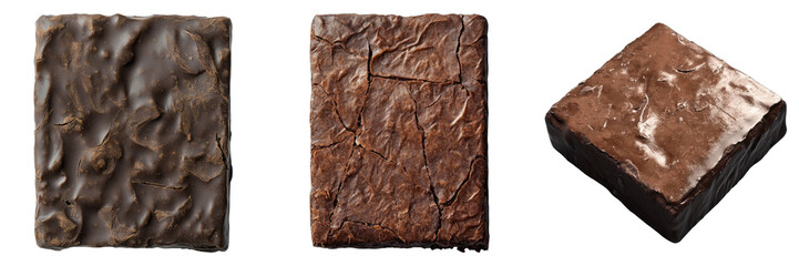 Close-up shot of three delicious square chocolate brownies. The brownies have a rich, dark brown color with a textured top