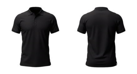 Black polo shirt apparel fashion clothing casual style front and back view garment mockup template design on transparent background