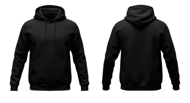 Black hoodie sweatshirt apparel clothing fashion style casual wear outfit front back view mockup template on transparent background