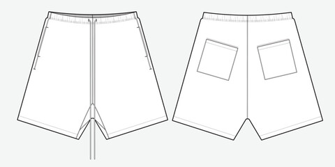 Athletic shorts front and back view vector design mockup template technical flat sketch.