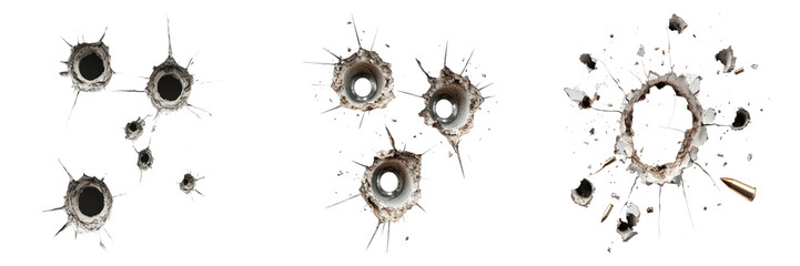 A series of bullet holes are shown on the surface of some object
