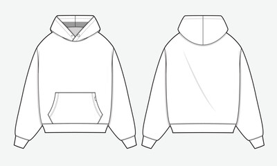Kangaroo pocket hoodie front and back view flat drawing vector design mockup template.