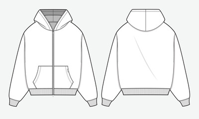 Full zip up hoodie front and back view vector template technical design by adobe illustrator.