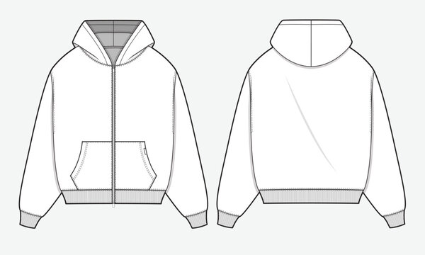 Full zip up hoodie front and back view vector template technical design by adobe illustrator.