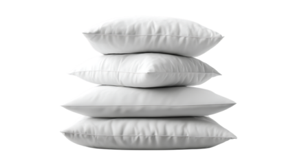 Stack of four white pillows isolated on transparent background for design elements
