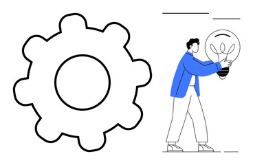 Individual carrying glowing light bulb next to bold gear outline. Ideal for innovation, teamwork, solutions, creativity, technology, strategy, problem-solving. Simple flat metaphor