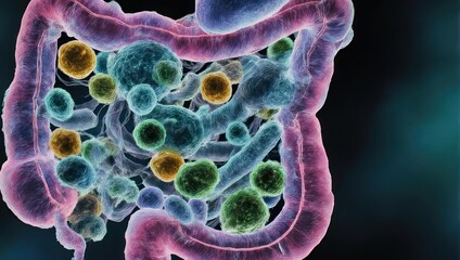 Microscopic view of gut bacteria and intestinal flora, medical illustration.