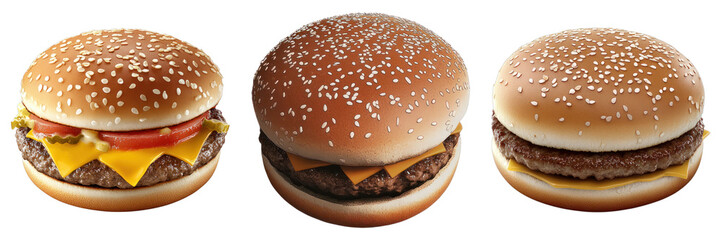 Three appetizing burgers with various toppings, close-up shot