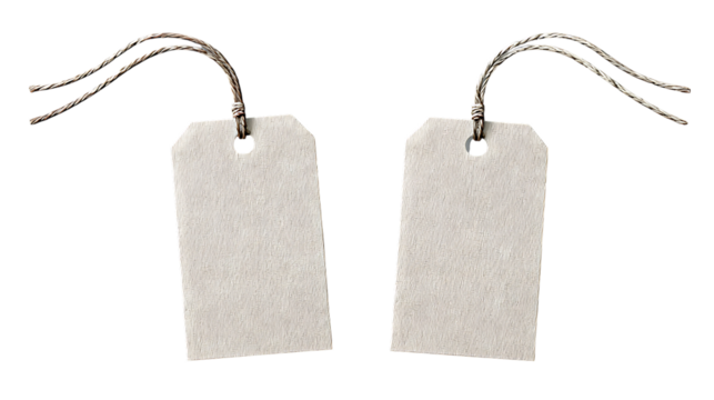 Two blank white tag labels with string hanging on transparent background for product branding