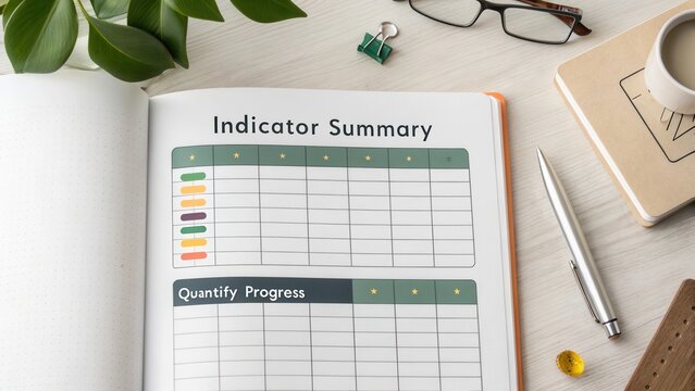 Business planning tool with indicator summary and progress quantification space on desk surrounded by stationery and plants