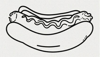 Simple black and white line art of a hot dog with mustard.
