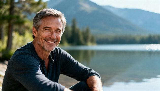 A relaxed portrait of a mature man sitting near a lake in nature, smiling with calm assurance and joy, symbolizing self-reflection, relaxation, and a fulfilling outdoor lifestyle.