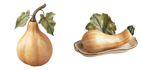 Two types of beautiful squash displayed with their leaves and stems on a white background, inviting you to enjoy the fall harvest