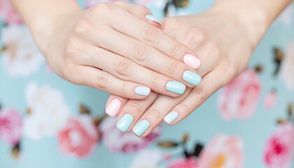 Elegant female hands with a fresh spring manicure in soft pastel shades of pink and blue, gracefully posed over a floral background