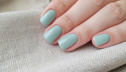 Perfectly manicured hands with trendy mint green nails resting on a textured linen fabric, showcasing elegance and style