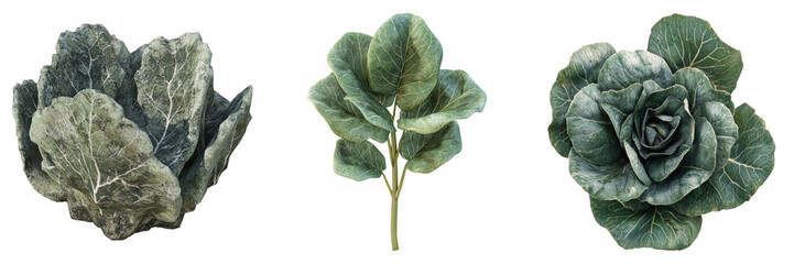 An arrangement of three different lush, green plants against a clean background, each with its own unique texture and form. The leaves exhibit a variety of organic shapes and patterns