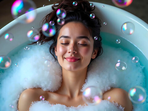happy woman relaxing in bubble bath