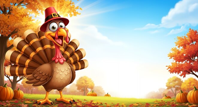 A cheerful, cartoon turkey wearing a black pilgrim hat stands excitedly in an autumn landscape filled with falling orange leaves and pumpkins, under a bright blue, sunny sky, ready for a Thanksgiving  - Powered by Adobe