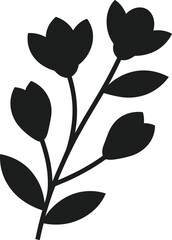Black silhouette of blooming branch with leaves and flowers on white background