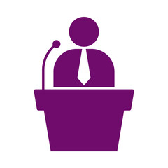 Purple silhouette of a person speaking at a podium isolated on transparent background