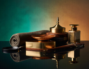 Elegant brass grooming kit sits on reflective black surface against a vibrant teal and orange backdrop, evoking a sense of luxury and sophistication.