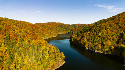 Bystrzyckie Lake in autumn, aerial view, Zag&oacute;rze Śląskie, Poland. 