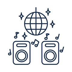 Neon outline of disco ball and speakers with music notes isolated on transparent background