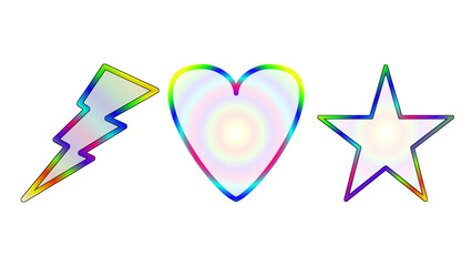 Set of Neon Rainbow Outline Icons: Lightning Bolt, Heart, and Star on Transparent Background