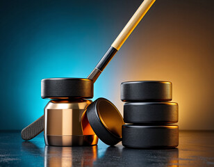 Hockey stick rests on pucks beside golden trophy on dark ice rink, symbolizing victory and intense competition.