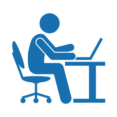 Blue stick figure person working on laptop at desk isolated on transparent background