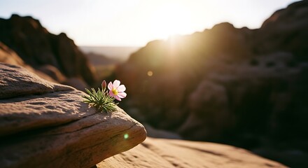 Resilient Desert Bloom - A Single Flower Thriving on a Rock in a Sun-Drenched Canyon Landscape.