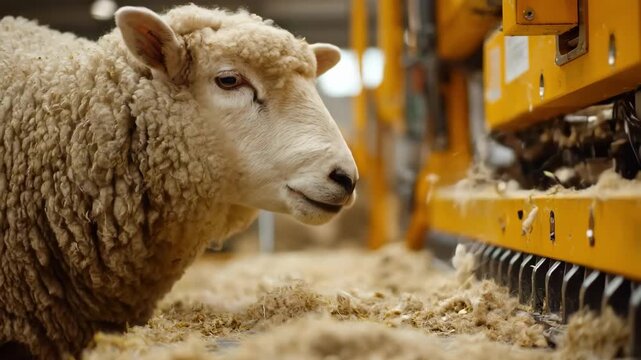 Medium shot of a robotic shearing platform efficiently trimming thick wool from a grazing sheep in an open farm setting.