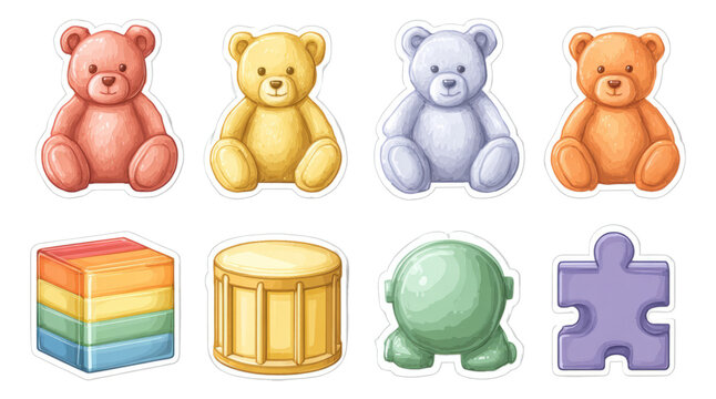 Cute Toy Characters and Shapes in Colorful Style with Isolated Transparent Background