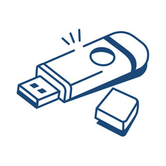 Hand drawn blue outline of a usb flash drive with cap removed isolated on transparent background