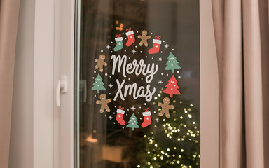 Festive 'merry xmas' window decal with gingerbread men and trees.
