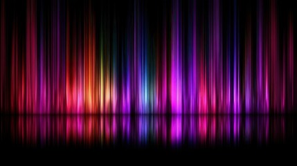 A vibrant display of colorful vertical lines reflecting on a dark surface, an artistic, abstract...