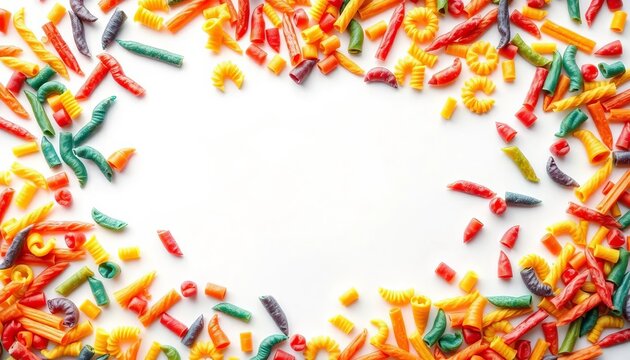 A vibrant array of colorful pasta scattered artfully on a pristine white background,  Mediterranean,  background