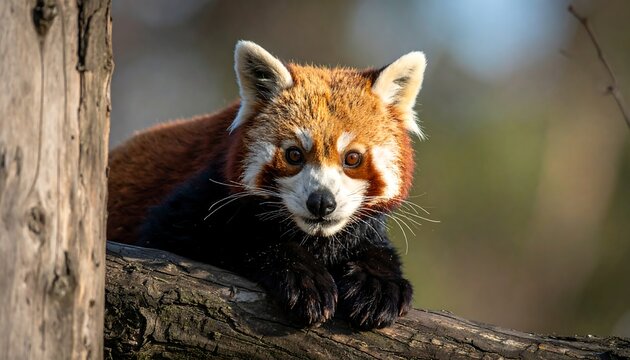 A red panda rests on a tree branch, gazing directly at the viewer