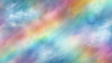 A vibrant abstract cloudscape featuring soft pastel colors and rainbow hues, a dreamy, ethereal atmosphere, blurred rainbow background
