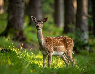 Obraz premium A young deer stands alert in a sun-dappled forest clearing