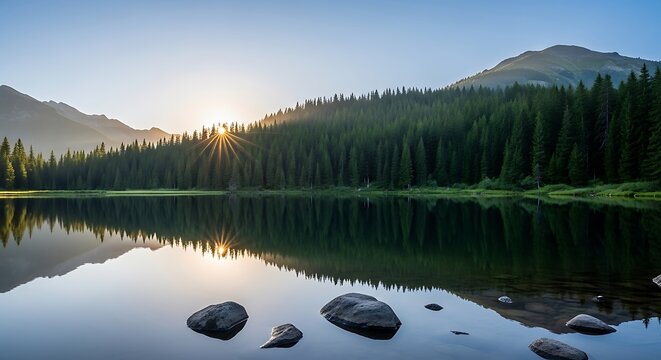 Sunrise over a serene mountain lake reflecting pine trees and a clear sky.