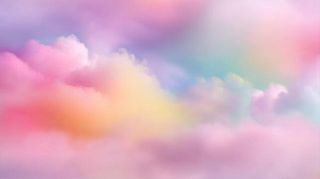 A soft, ethereal sky filled with pastel-colored clouds, blending shades of pink, orange, and blue, a dreamy atmosphere, blurred rainbow background