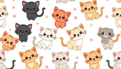 Fototapeta premium Adorable cartoon cat pattern on white background, featuring playful poses and soft colors, pet illustration, kawaii