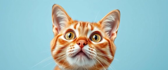 Fototapeta premium Astonished ginger cat with wide eyes against a light blue background, feline, amazed