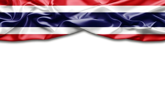 Waving Thai flag with red, white, and blue stripes against a clean white background, showing a silky fabric texture.