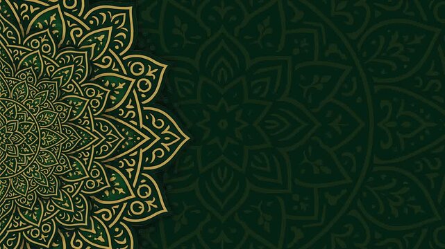 Animation of an intricate Islamic mandala design featuring detailed gold linework on deep green tones, creating an elegant and ornamental pattern suitable for backgrounds, decor, or cultural themes.