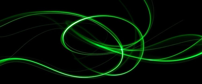 Abstract swirling glowing green lines on black background,  pattern,  dark